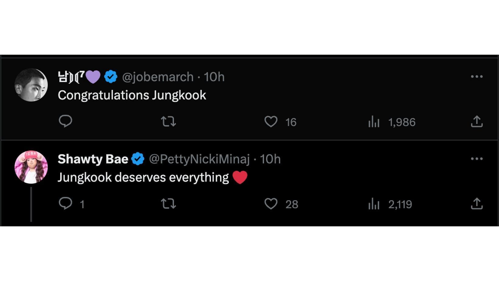 Fans praise the BTS idol for his new feat. (Image via Twitter/@jobemarch and @PrettyNickiMinaj)
